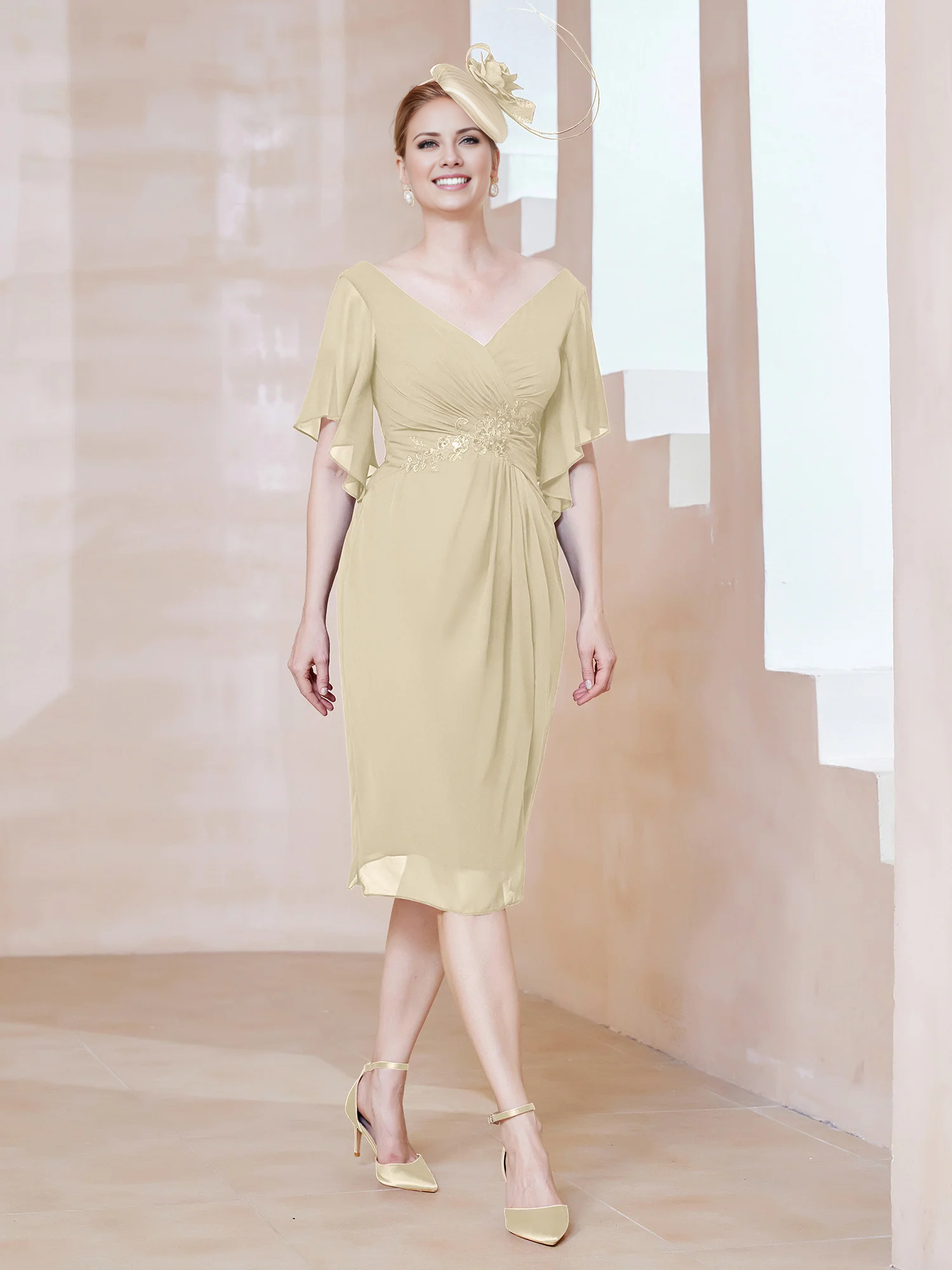 Burgundy Chiffon A-Line Knee-Length Dress with V-Neck and Flutter Sleeves