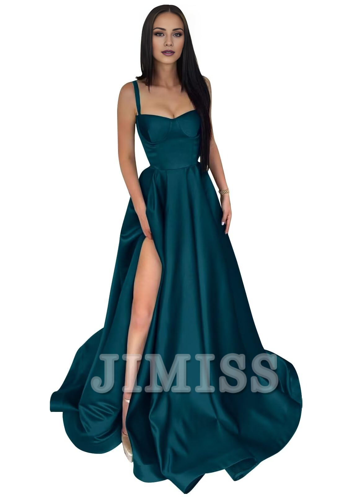 Vestido de fiesta formal de satén con tirantes finos, abertura larga en forma de A y plisado.