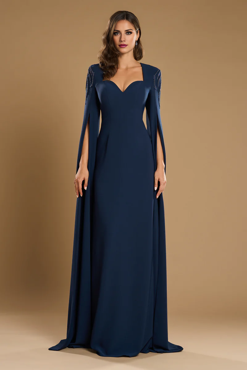 Dark Navy Crepe Sweetheart Sheath/Column Floor-Length Evening Dress with Cape Sleeves