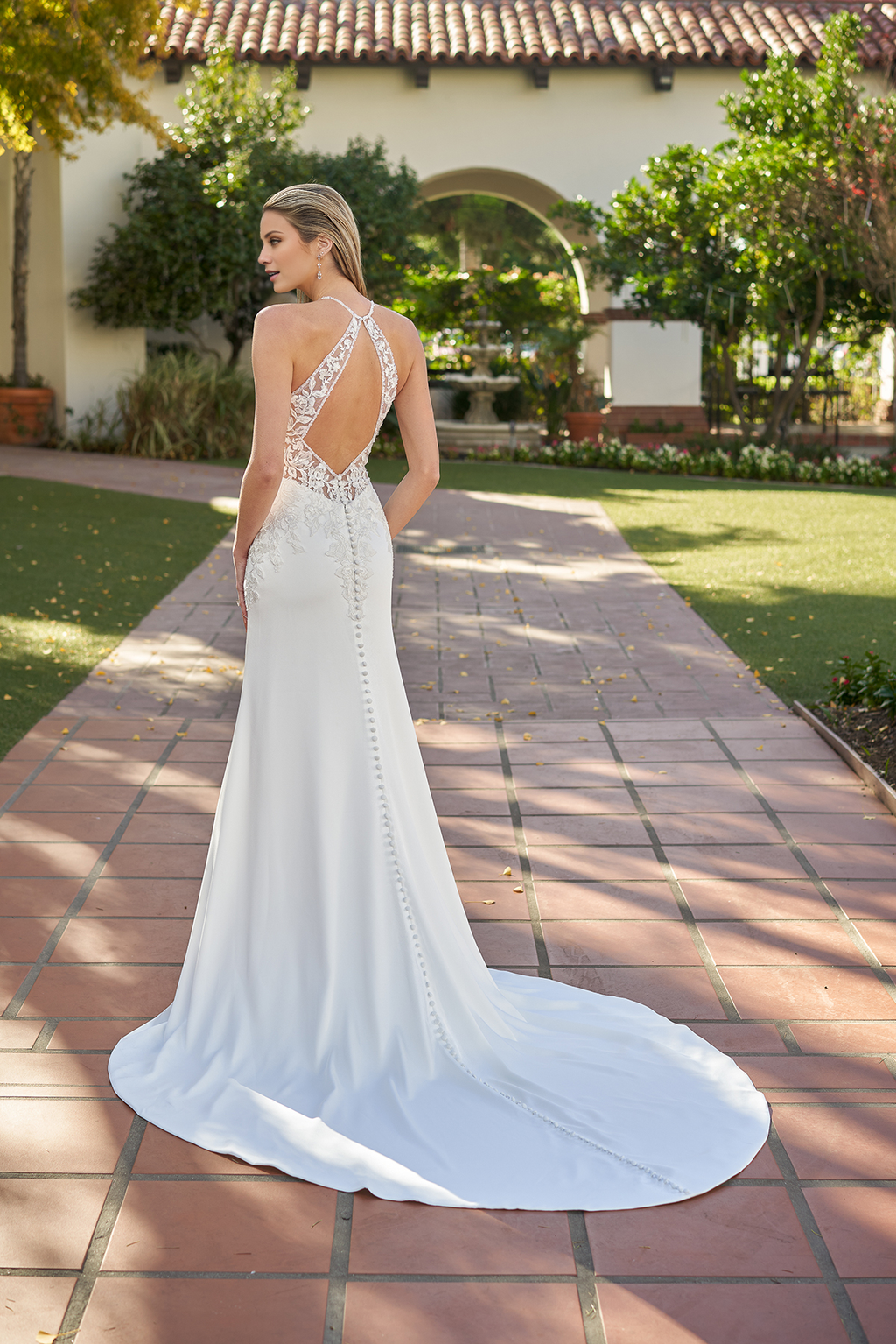 Ivory Lace Halter Neckline Sheath/column Floor-Length Backless Bridesmaid Dress with Chapel Train