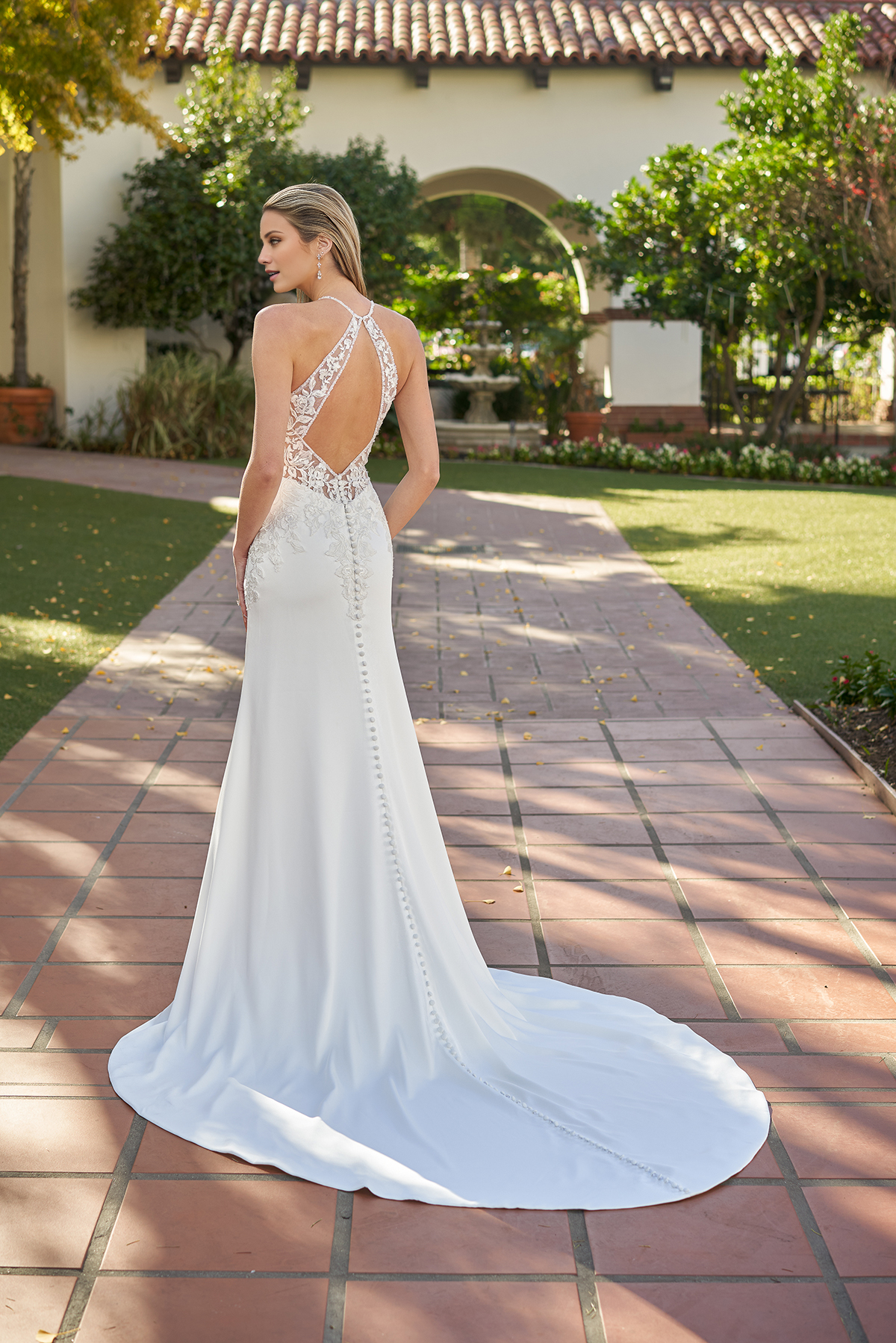 Ivory Lace Halter Neckline Sheath/column Floor-Length Backless Bridesmaid Dress with Chapel Train