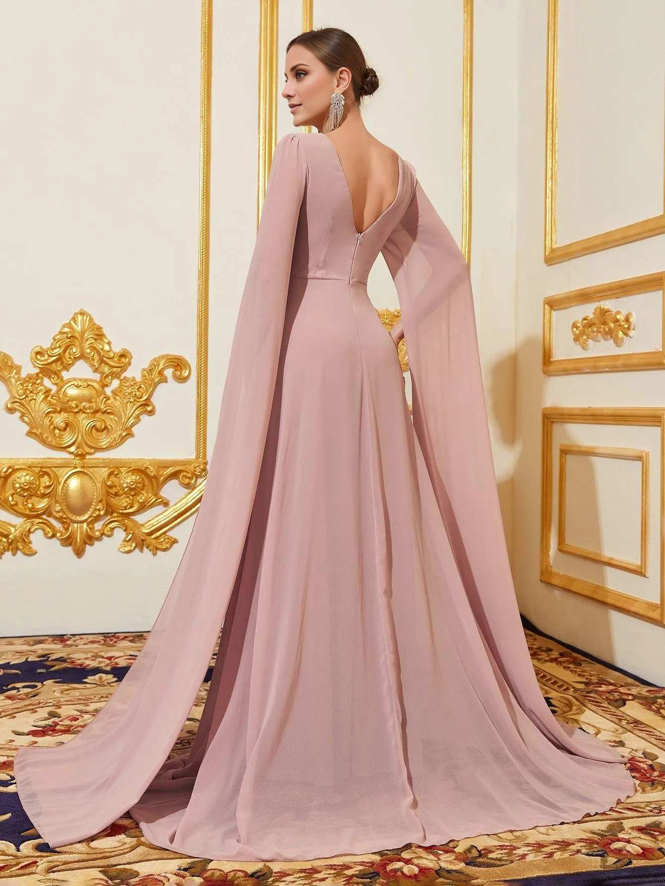 V-neck pleated exaggerated sleeves chiffon and floor length formal dress