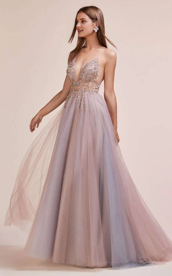 Dusty Rose Tulle A-Line Floor-Length Evening Dress with V-Neck, Beaded Bodice & High Slit