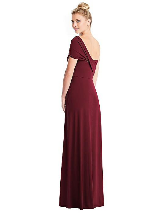 Vestido de noche Jimiss con cuello asimétrico, hombros descubiertos, manga corta, espalda descubierta y largo hasta el suelo
