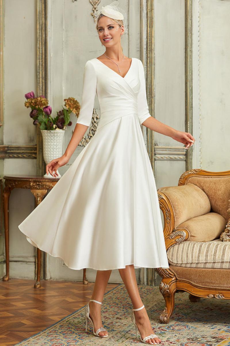 Ivory Satin Tea-Length A-Line V-Neck Dress with Draped Bodice
