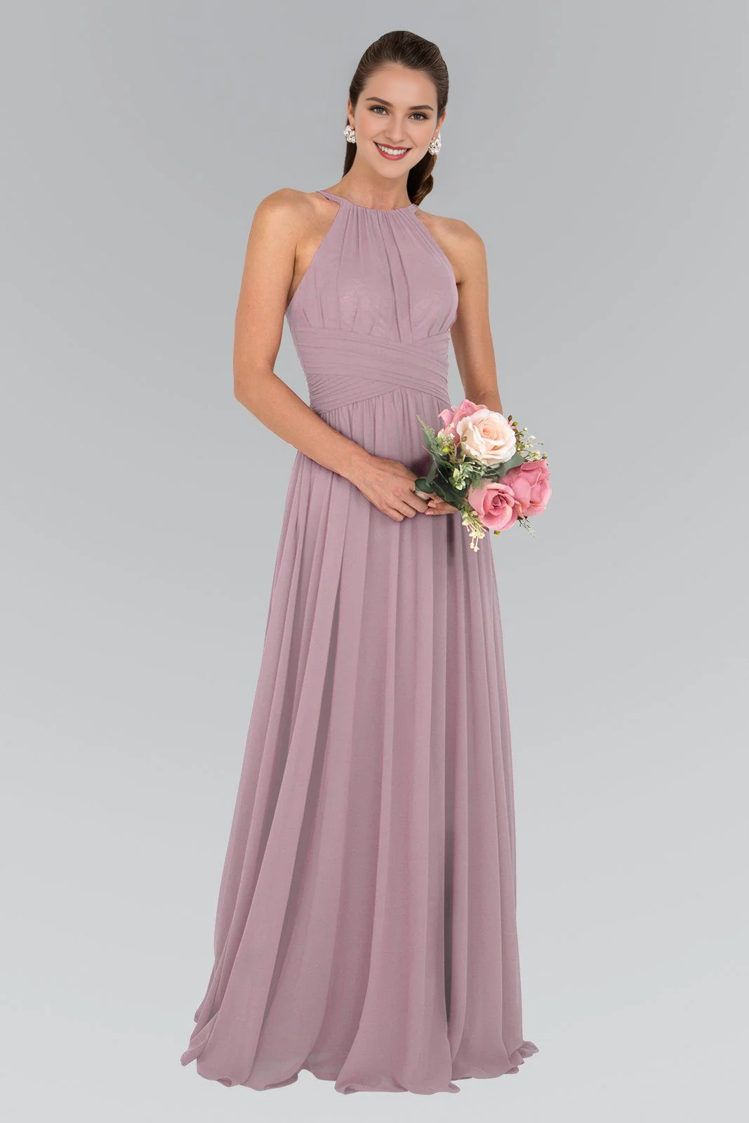 Dusty Rose Chiffon A-Line Floor-Length Dress with Pleated Halter Neckline