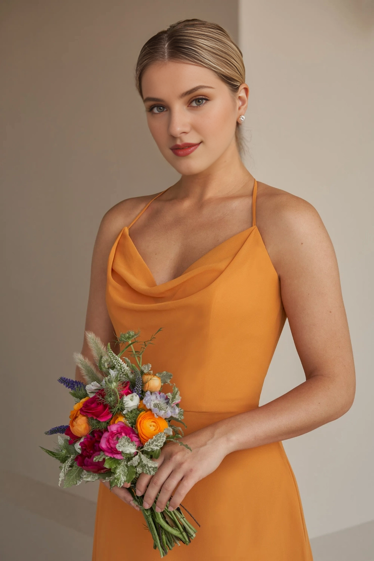 Vestido de dama de honor con escote delantero, espalda en forma de V y tirantes finos estilo bufanda