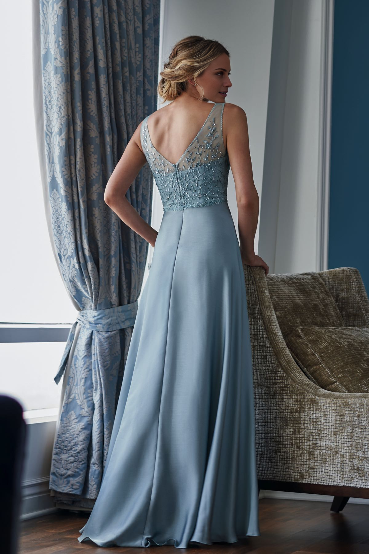 Dusty Blue A-Line Floor-Length Bridesmaid Dress with Beaded Bodice