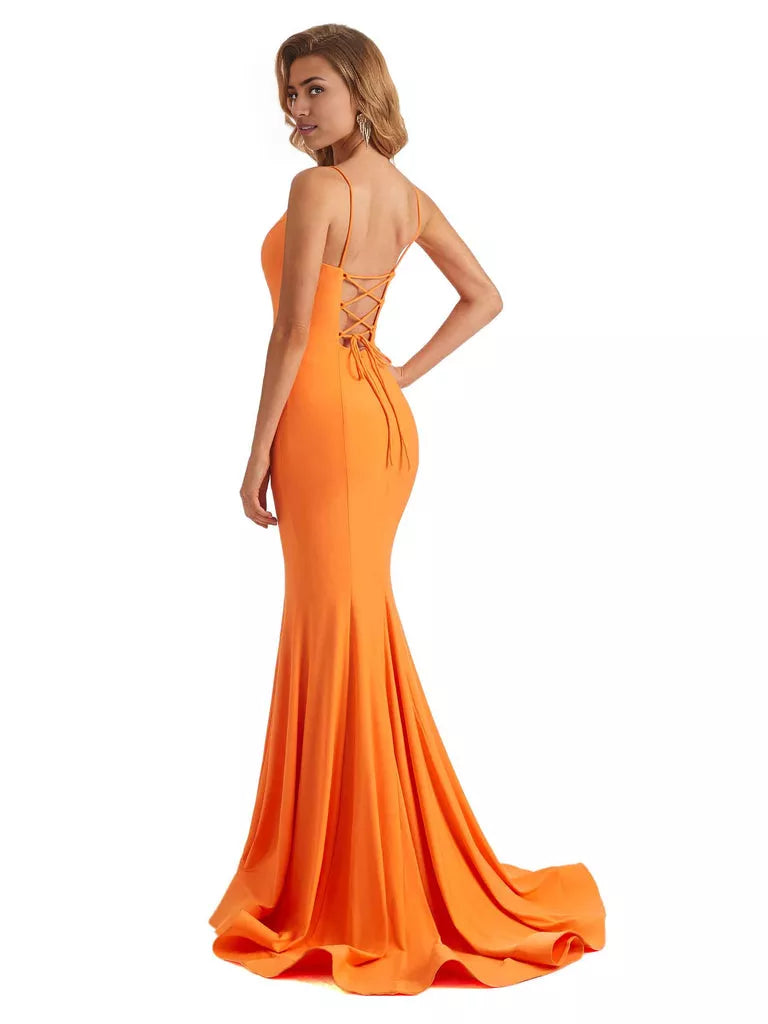 Sexy Mermaid Spaghetti Straps V-neck Sleeveless Jersey Long Formal Bridesmaid Dresses