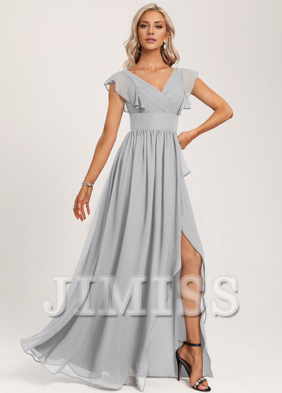 Vestido de dama de honor de gasa con volantes, escote en V y largo hasta el suelo