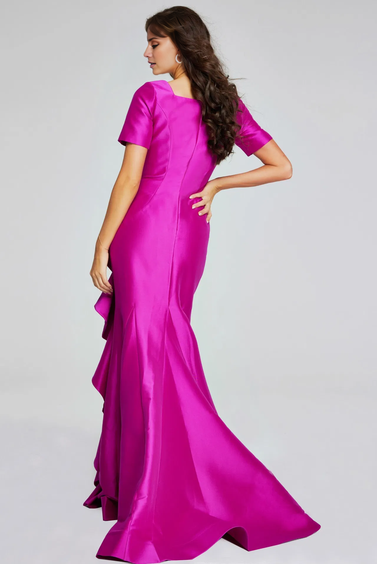 Mulberry Satin Mermaid Floor-Length Evening Dress with Square Neck & Cascading Ruffle