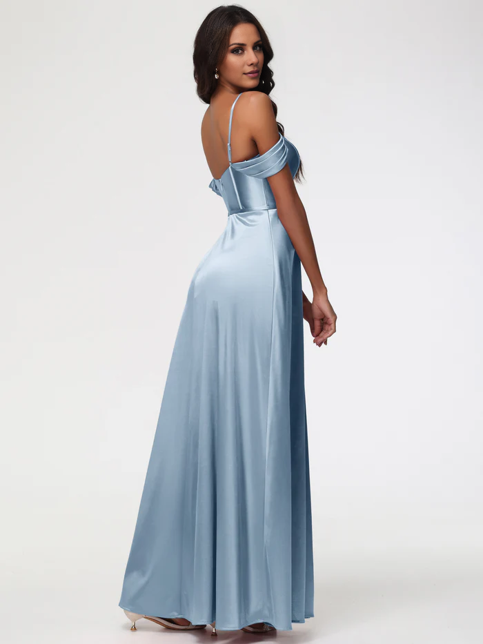 Vestido de fiesta largo de satén con tirantes finos y escote en forma de corazón y hombros descubiertos de Jimiss