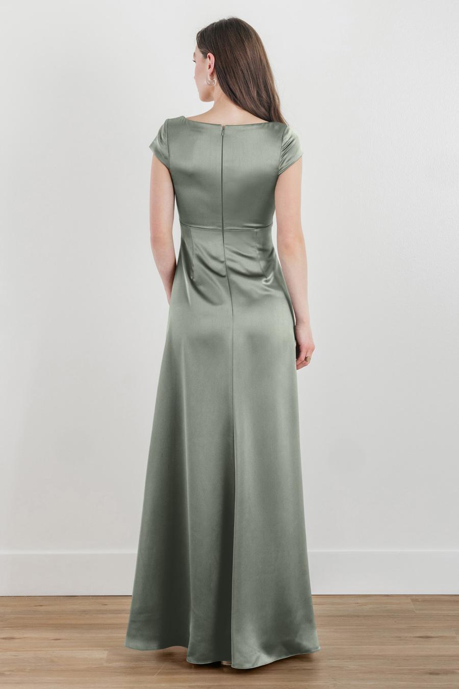 Jimiss V-neck short sleeved satin and floor length evening dress