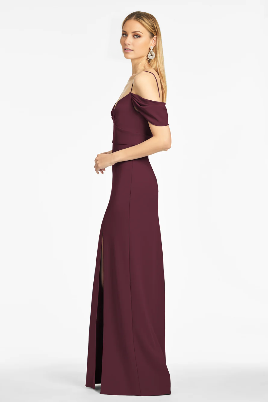 Vestido de fiesta Jimiss con escote en V, hombros descubiertos, sin mangas, tirantes finos, espalda descubierta, abertura lateral y largo hasta el suelo