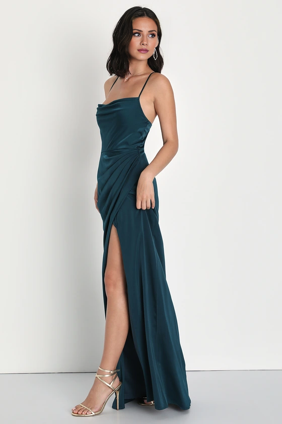 Teal Satin A-Line Floor-Length Dress with Cowl Neck & Criss-Cross Straps