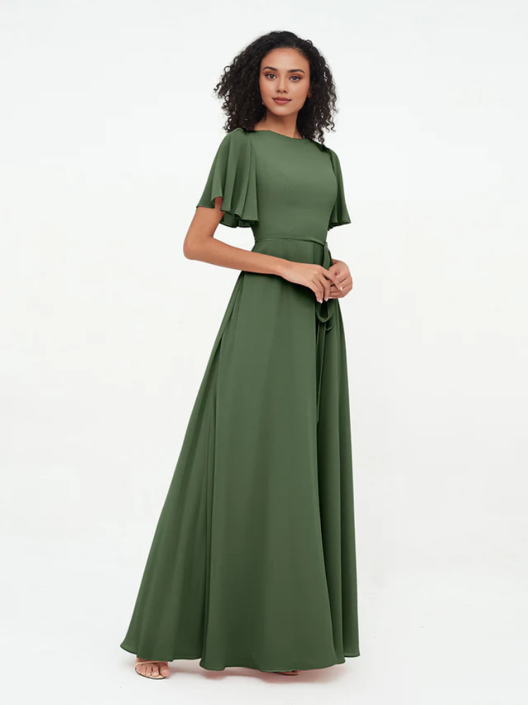Chiffon Short-Sleeve Boat Neck Tie-Waist A-Line Floor-Length Bridesmaid Dresses