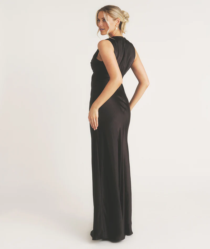 Vestido de fiesta Jimiss con escote en V profundo, detalles colgantes, sin mangas y largo hasta el suelo