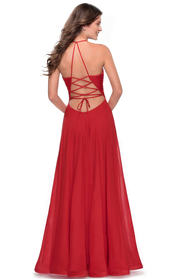 Red Chiffon A-Line Floor-Length Evening Dress with Halter neckline & Backless Design