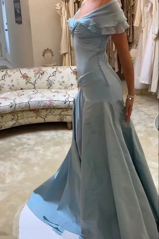 Sky Blue Satin Off-the-Shoulder Trumpet Floor-Length Evening Dress