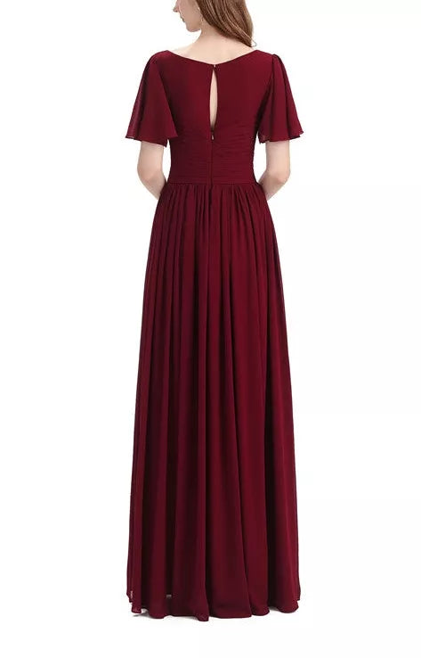 Vestidos de dama de honor elegantes de gasa con escote en V, mangas cortas y largo hasta el suelo