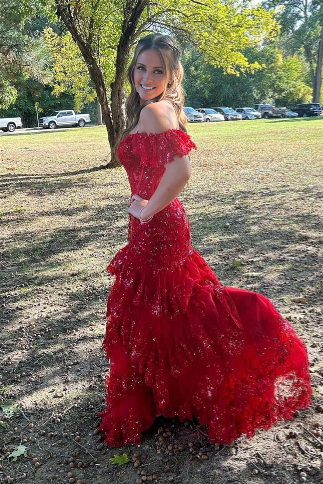 Red Sequin Off-the-Shoulder A-Line Floor-Length Evening Dress with Tiered Ruffles and High Slit
