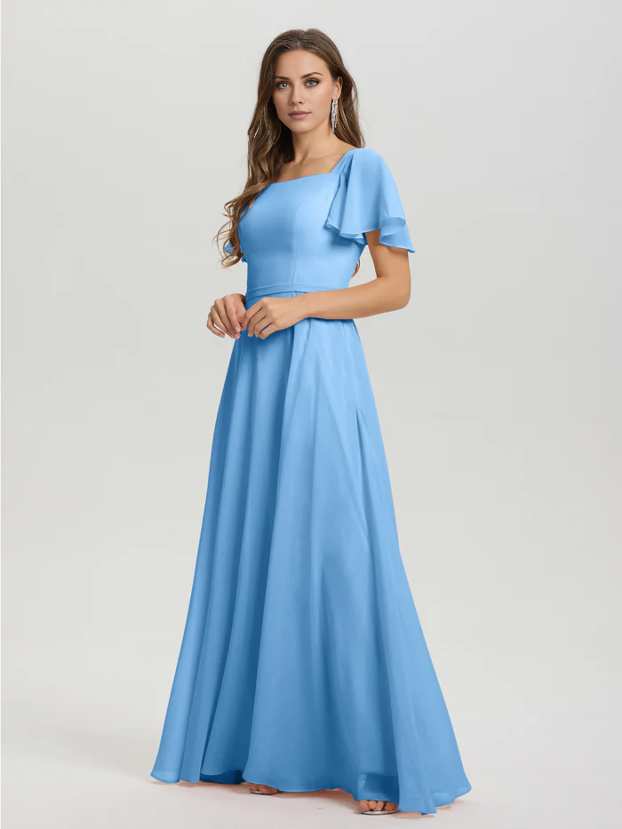 Abito da damigella d'onore a trapezio con scollo quadrato, maniche corte, volant e chiffon lungo fino al fondo