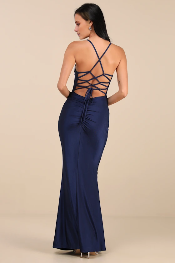 Vestido de noche Jimiss de corte sirena, escote cuadrado, hombros descubiertos, sin mangas, tirantes finos, espalda descubierta y largo hasta el suelo