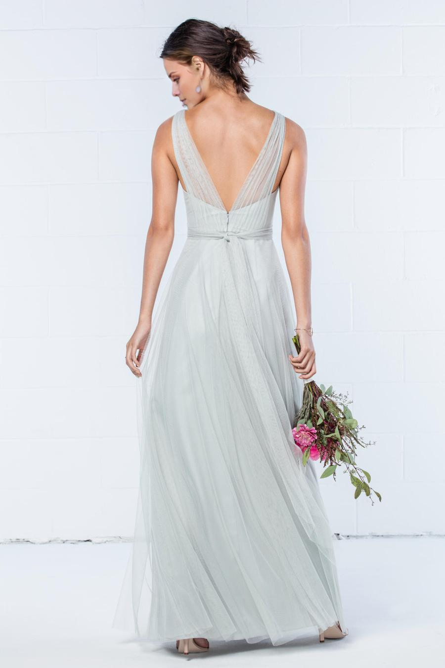 Mist Tulle A-Line V-Neck Floor-Length Bridesmaid Dress