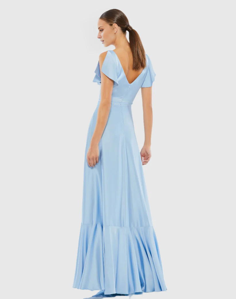 Vestido de noche largo hasta el suelo de satén con volantes, manga corta y escote en V