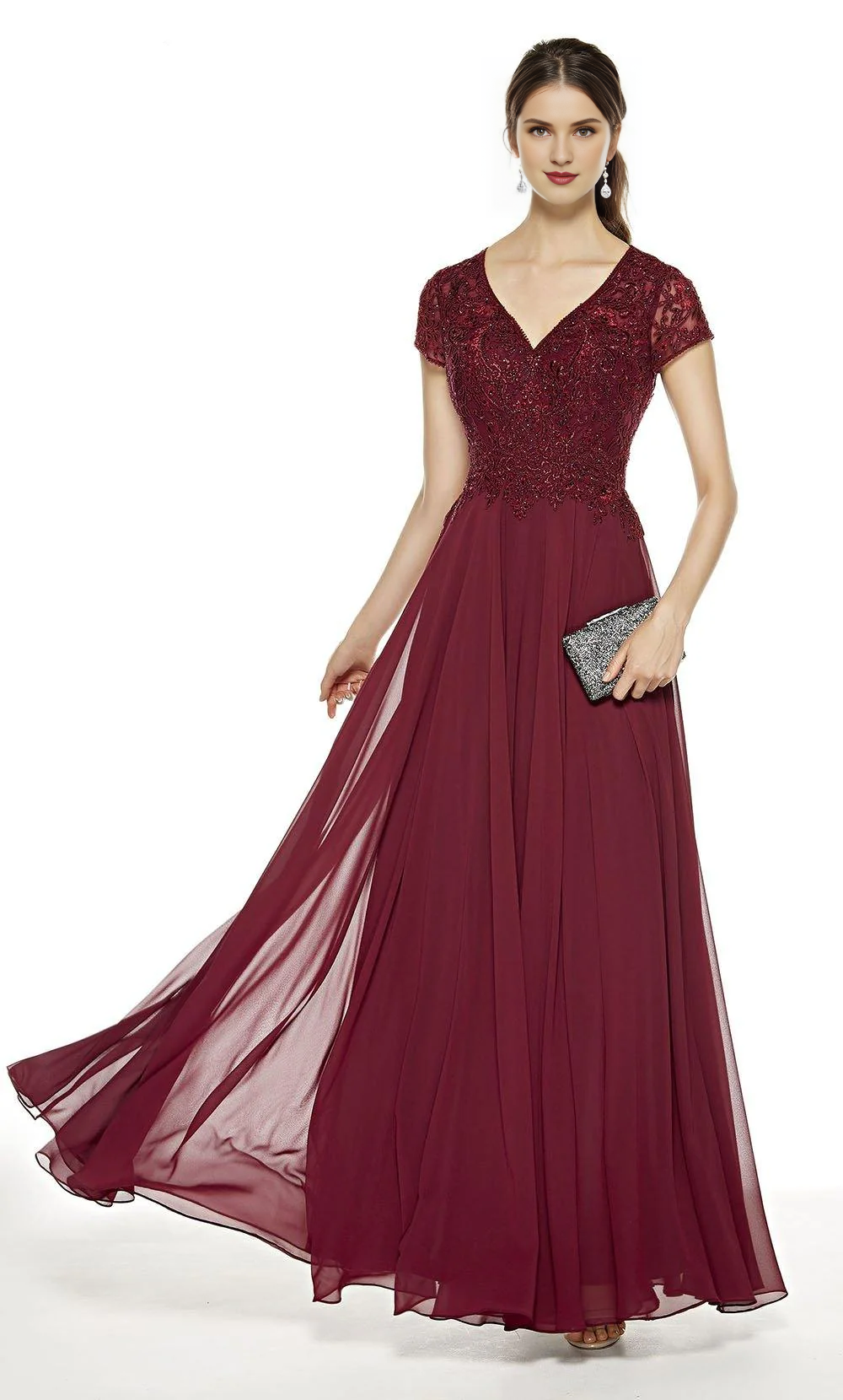Burgundy Lace A-Line Floor-Length Bridesmaid Dress with V-Neck & Short Sleeves