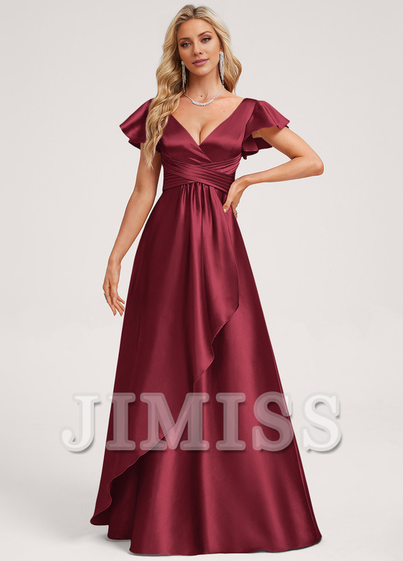 Vestido de dama de honor de satén con volantes, escote en V y largo hasta el suelo