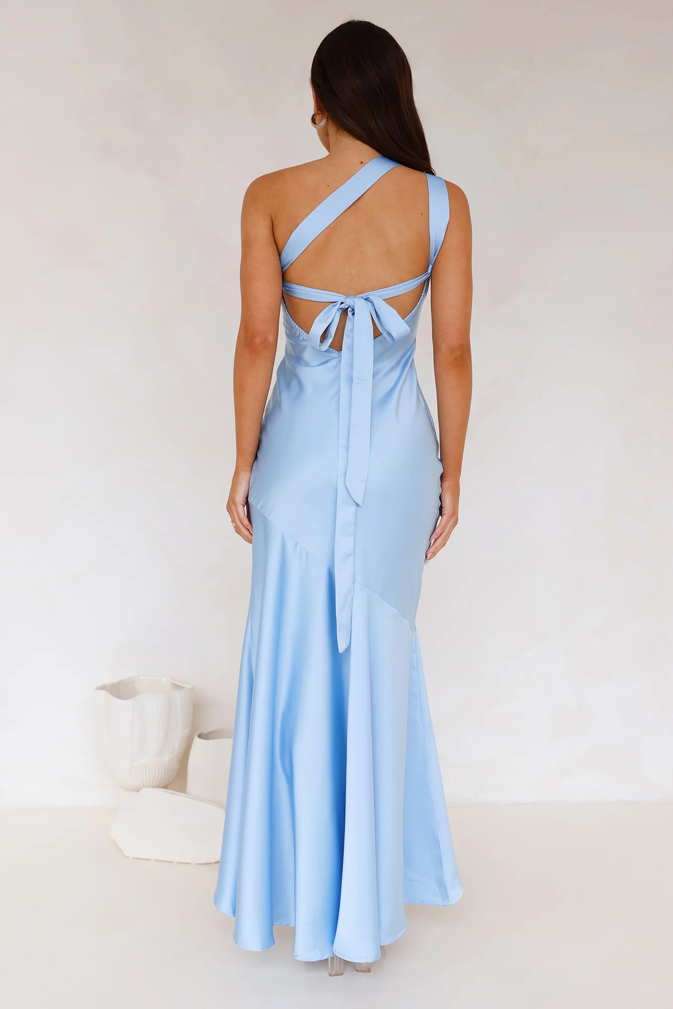 Vestido de fiesta Jimiss de satén con cuello de un solo hombro, sin espalda, con cordones y largo hasta el suelo