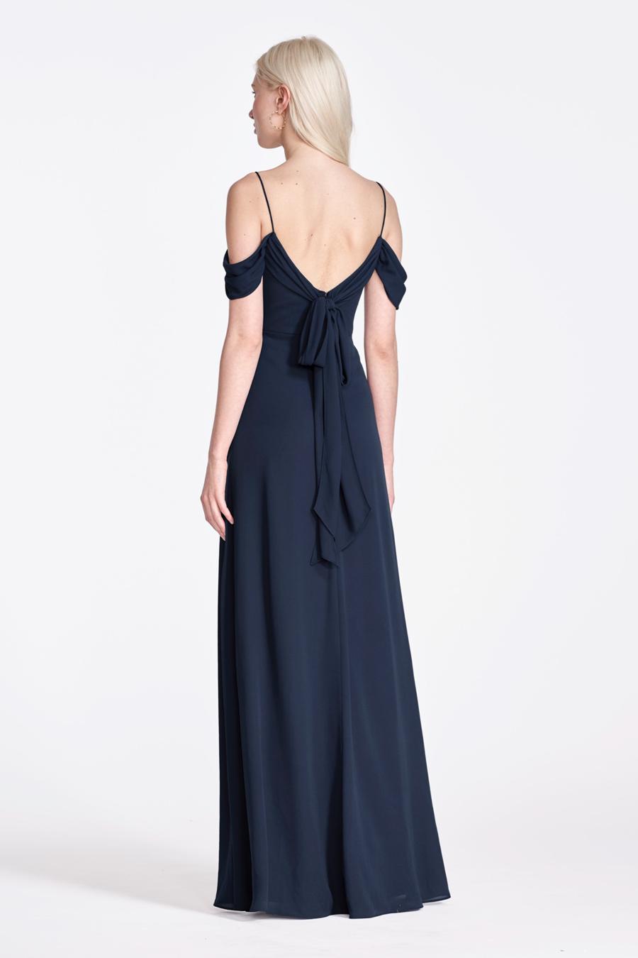 Dark Navy Chiffon A-Line Off-the-Shoulder Floor-Length Bridesmaid Dress