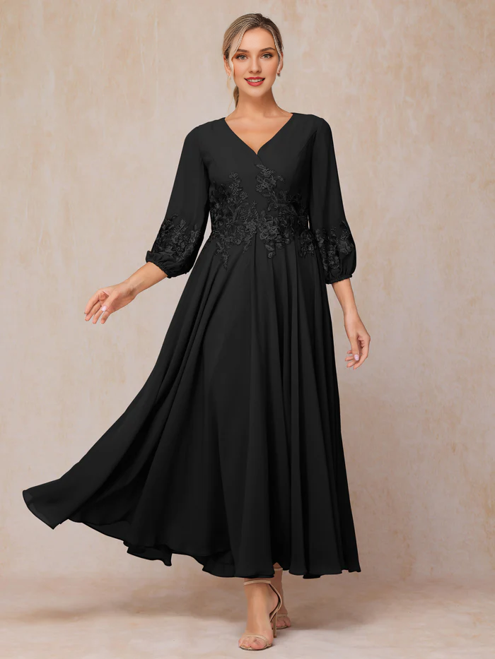 Burgundy Chiffon A-Line V-Neck Tea-Length Dress with Embroidered Bodice and Bishop Sleeves