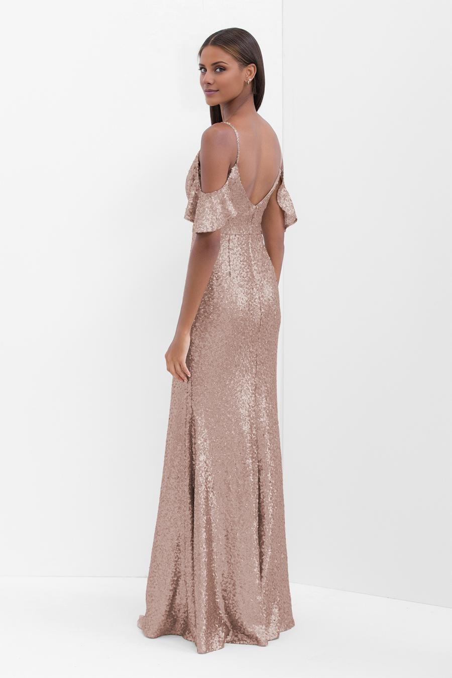 Jimiss V-neck sleeveless sequin thin shoulder strap backless and floor length evening dress
