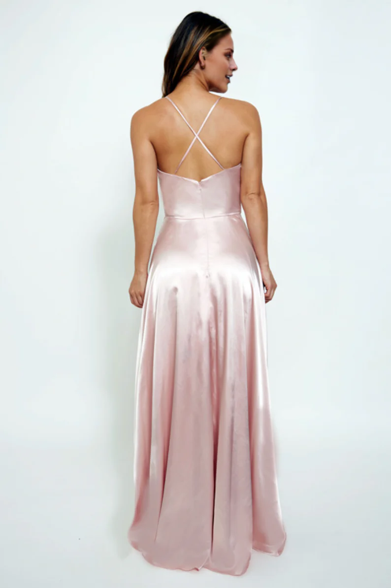 Vestido de noche Jimiss con escote cuadrado, hombros descubiertos, tirantes finos, sin mangas, espalda descubierta, abertura lateral y largo hasta el suelo