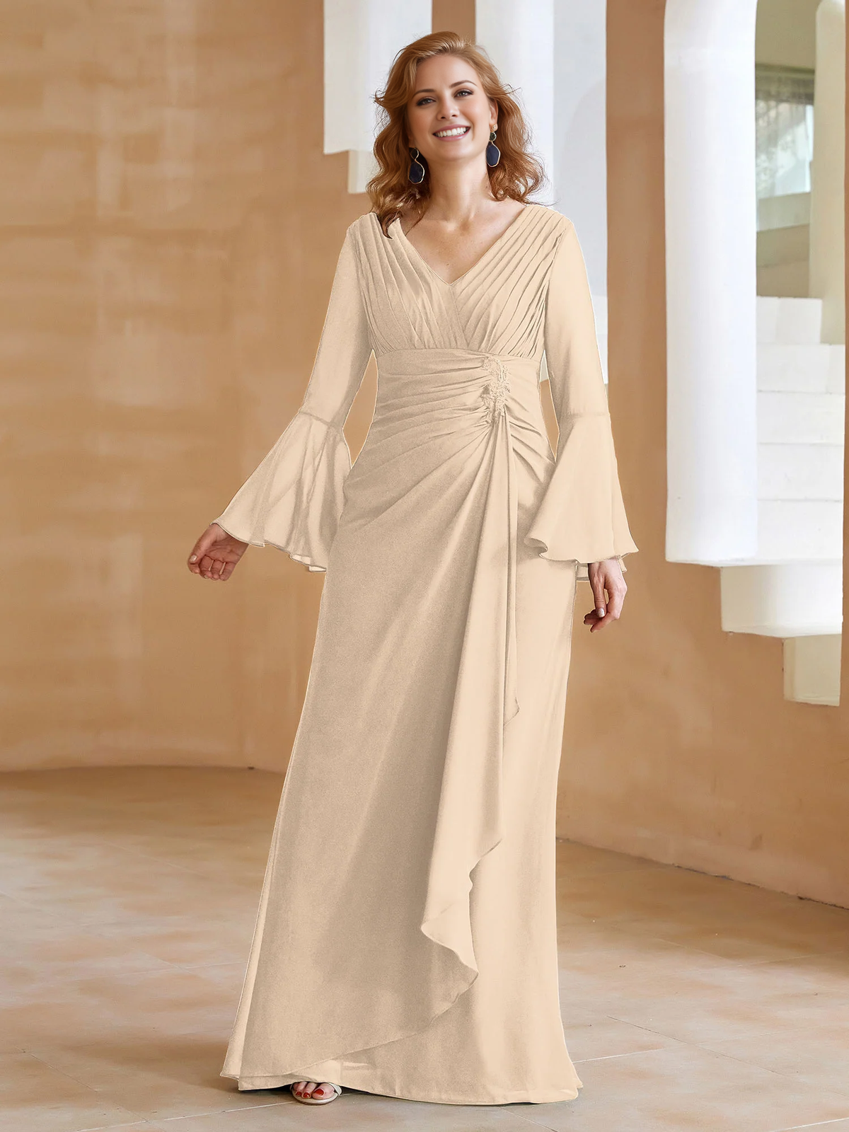 Olive Green Chiffon A-Line V-Neck Bridesmaid Dress with Ruched Bodice & Bell Sleeves