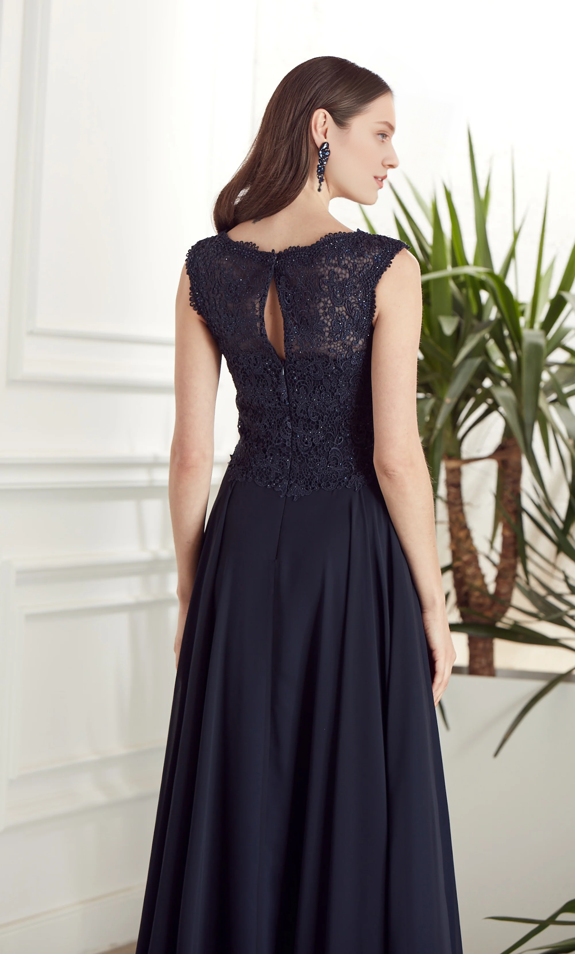 Dark Navy Chiffon A-Line Floor-Length Bridesmaid Dress with Lace Bodice