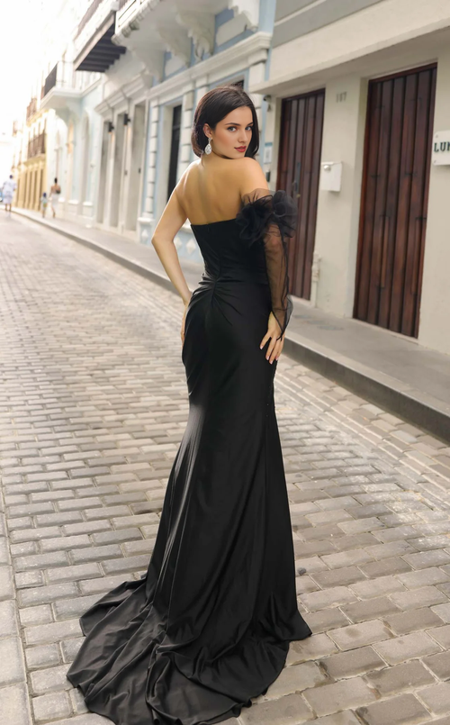 Black Crepe Mermaid One Shoulder Floor-Length Evening Dress