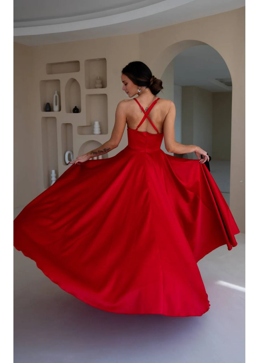 Red Satin A-Line Floor-Length Evening Dress with Plunging V-Neck