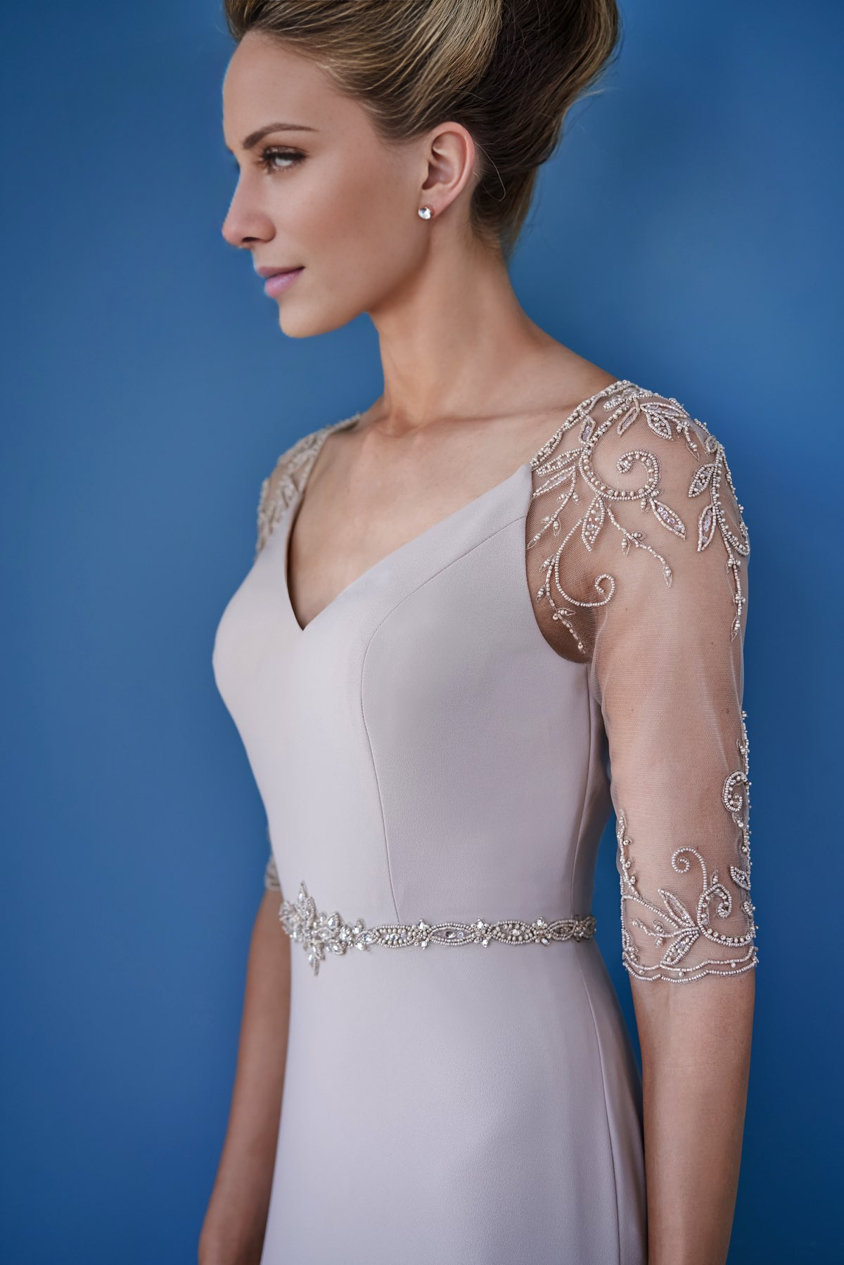 Champagne Satin Sheath/column Floor-Length with V-Neck, Embellished Illusion Sleeves & Rhinestone Belt