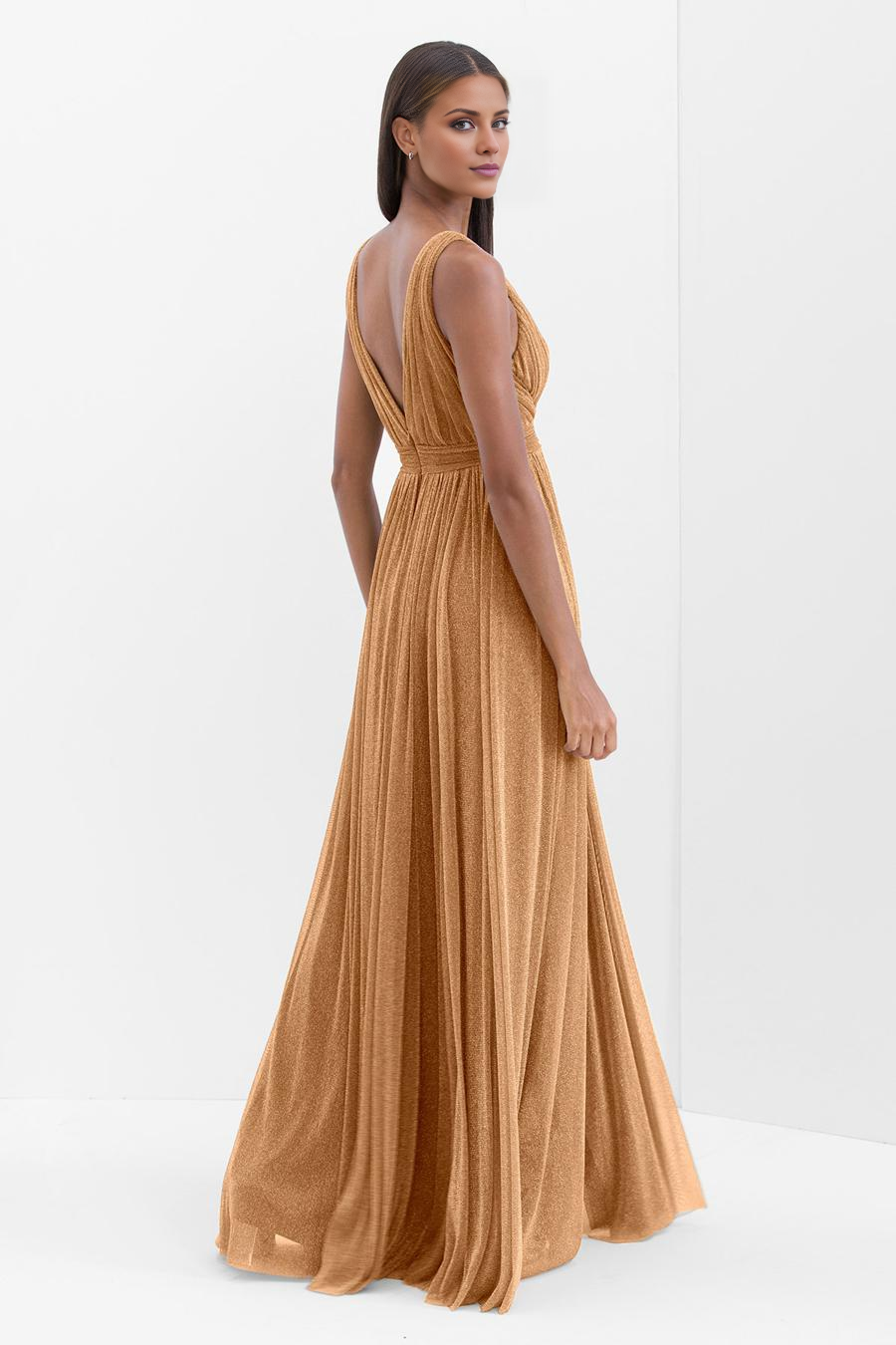 Vestido de noche Jimiss con escote en V profundo, sin mangas, plisado, sin espalda y largo hasta el suelo