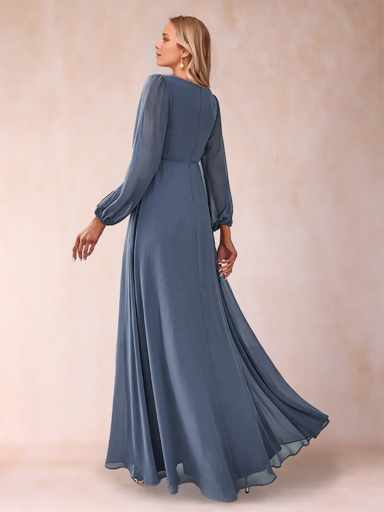 Dusty Blue Chiffon A-Line Floor-Length Bridesmaid Dress with V-Neck
