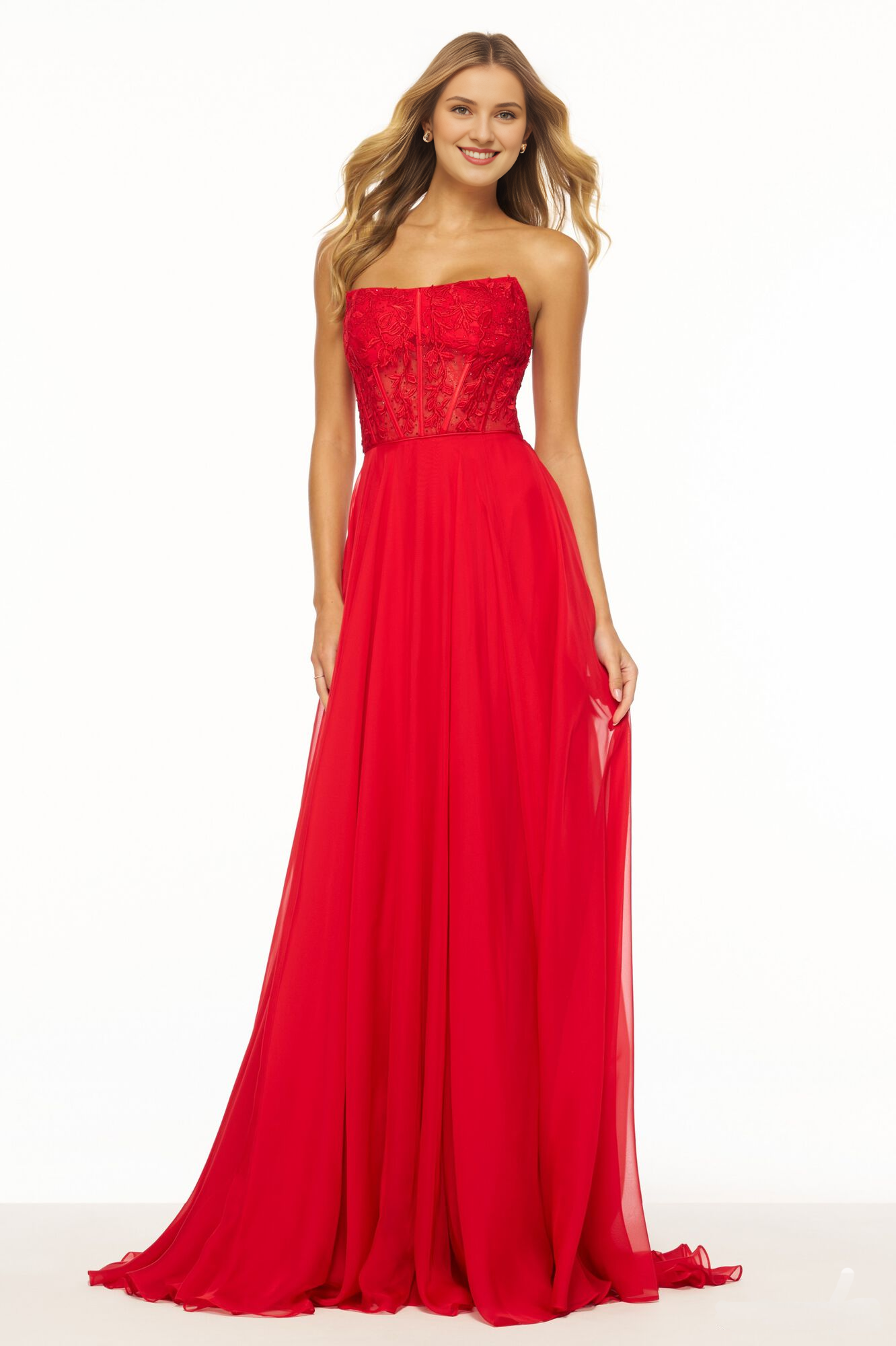 Strapless leaf lace tight corset chiffon and floor length Prom dress