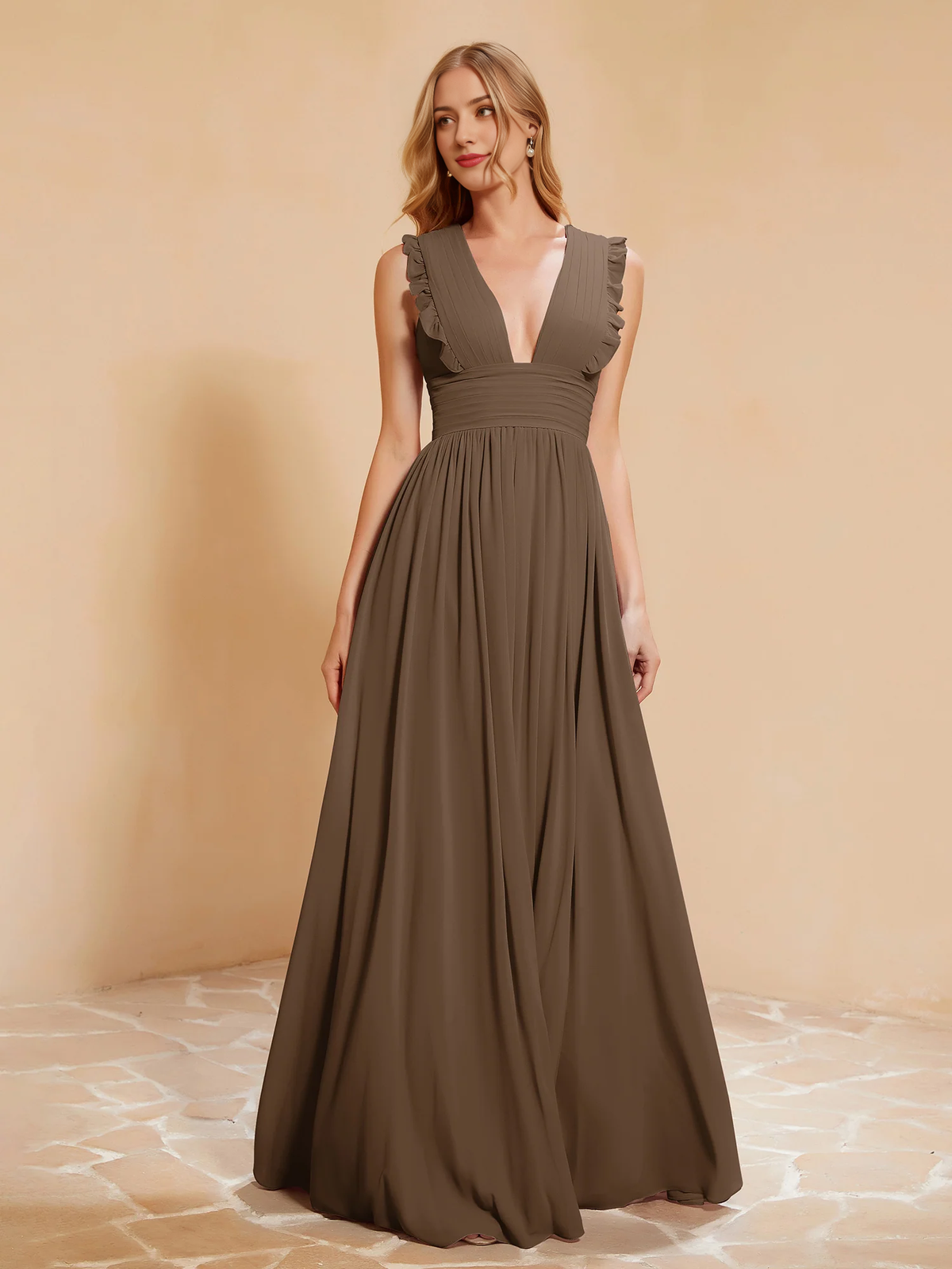 Dusty Rose Chiffon A-Line Floor-Length Dress with V-Neck and Ruched Bodice + Ruffled Straps