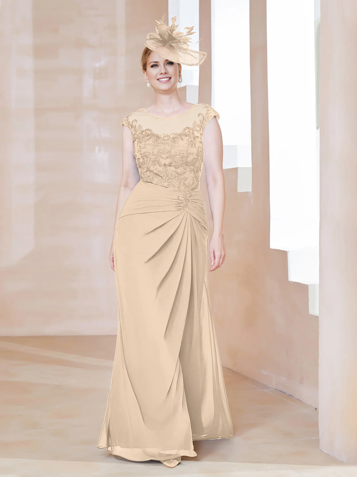 Dark Navy Chiffon A-Line Floor-Length Evening Dress with Illusion Neck and Draped Front