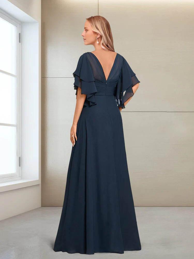 Dark Navy Chiffon A-Line V-Neck Floor-Length Bridesmaid Dress with Ruched Bodice