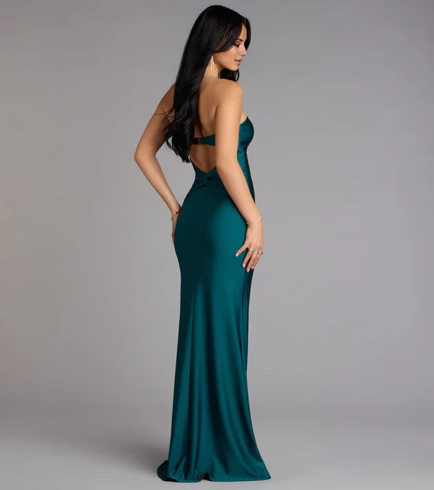Emerald Satin Strapless Sheath/column Floor-Length Evening Dress