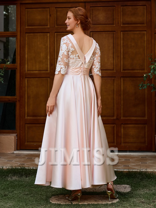 Vestido para madre de la novia de Jimiss, corte A, cuello redondo, manga 1/2, apliques de encaje y satén hasta los tobillos 