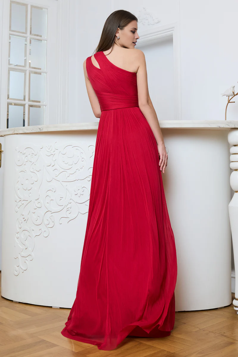 Elegant Red Chiffon One Shoulder A-Line Floor-Length Evening Dress with Pleated Bodice & High Slit